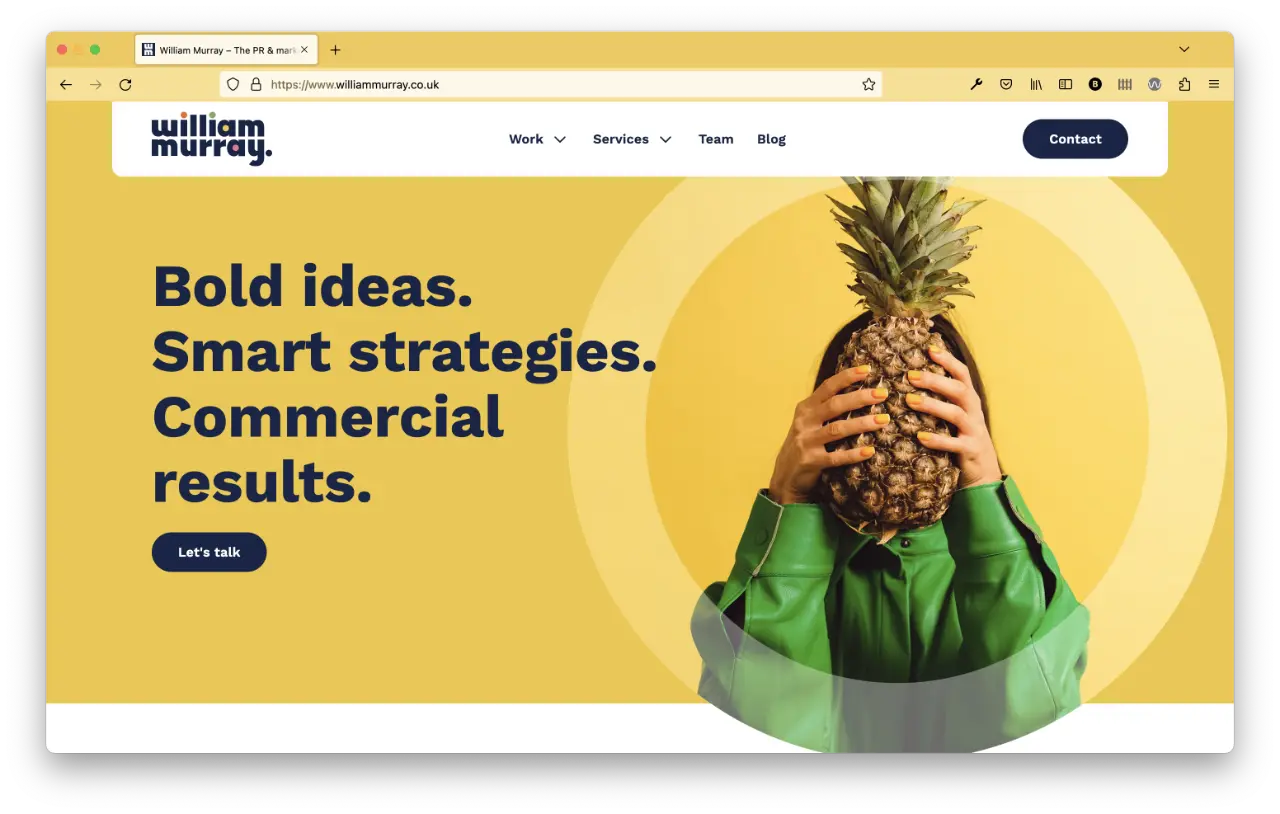 Desktop computer-sized screenshot of the William Murray homepage. The page shows an image of a person holding a pineapple infront of their face, over a yellow background.